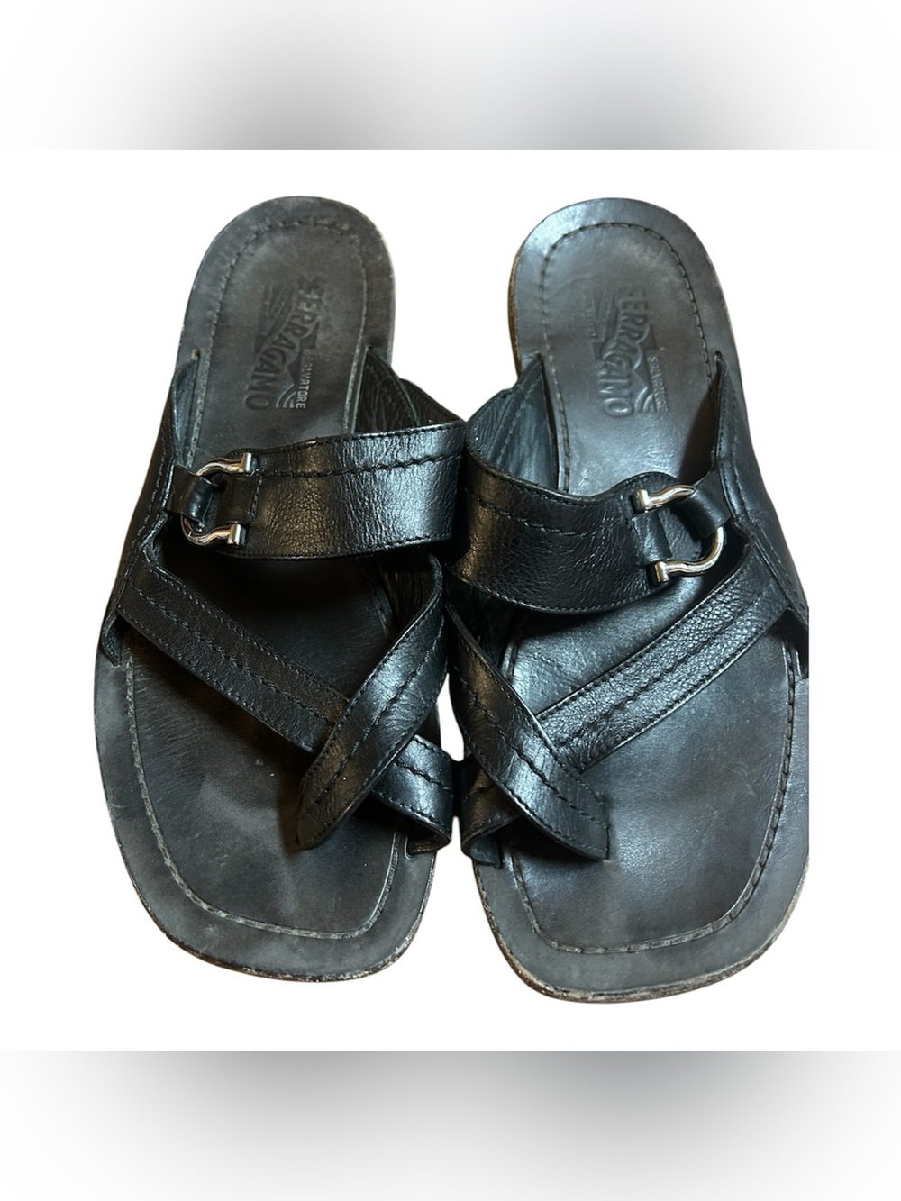 Ferragamo Black Leather Buckle Slide Sandals